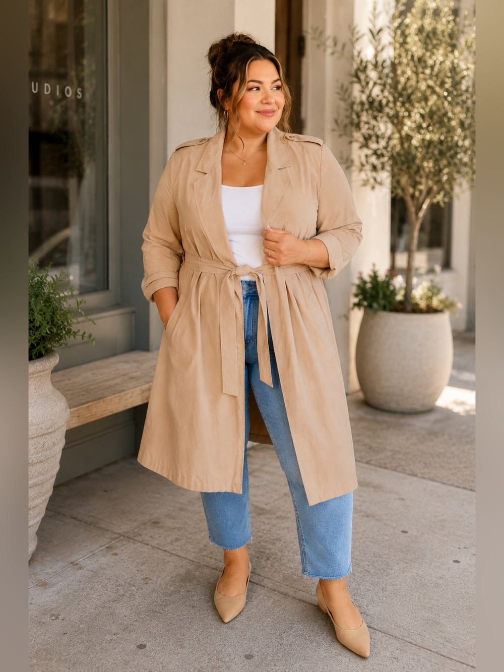 H&M Beige Trench Coat with Belted Waist Size Large 14